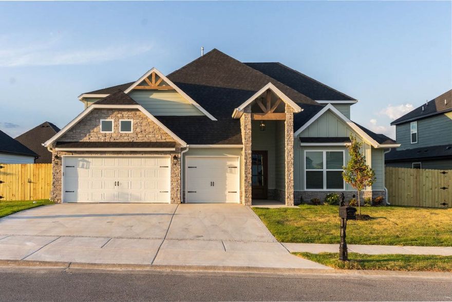 Maple Estates in Centerton offers prime access to Bentonville’s West High School Campus, nearby schools, and top amenities including a pool, clubhouse, basketball court, and pond. Residents enjoy close proximity to state-of-the-art schools, medical facilities, shopping, entertainment, Downtown Bentonville, and Walmart’s Home Office. Welcome to the Sage plan—a spacious and well-designed two-story home offering 2,929 sqft of living space. This 4-bedroom, 3.5-bathroom layout includes two bedrooms and a game room upstairs, while the main level features one secondary bedroom and a private primary suite with direct access to the utility room for added convenience. The open-concept living area flows seamlessly into a thoughtfully designed kitchen, complete with a breakfast nook, double island, and an expansive walk-in pantry making it a standout space for cooking and gathering. Additional highlights include a covered back patio with a convenient storage room and a three-car garage.