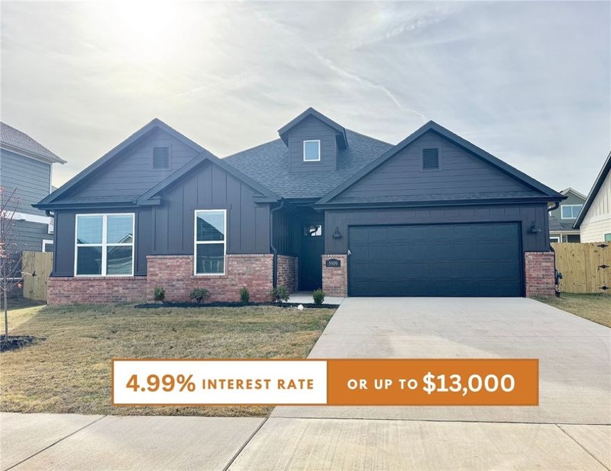 Fence, blinds and gutters included! Discover your dream home in the sought-after Osage Hills neighborhood. Clinton plan with garage on the right & North facing! 9 ft ceilings, linear electric fireplace in the living room, LVP flooring throughout the main living areas and primary bedroom, quartz countertops and more. Chef's kitchen boasting frigidaire stainless steel appliances, gas range, pantry, quartz countertops, bar pull handles, large island and gorgeous backsplash. Luxurious primary bedroom features abundant natural light, while the spa-like primary bathroom offers a walk-in shower, double sinks and spacious walk-in closets. Two secondary bedrooms on the main level, a 4th bedroom upstairs that would be a perfect bonus room & a separate laundry room. Nestled on a generous lot with covered patio that overlooks the serene sodded, fully fenced backyard. Sturdy concrete siding & brick! Model home located at 6008 SW Coywolf St- Lot 122.