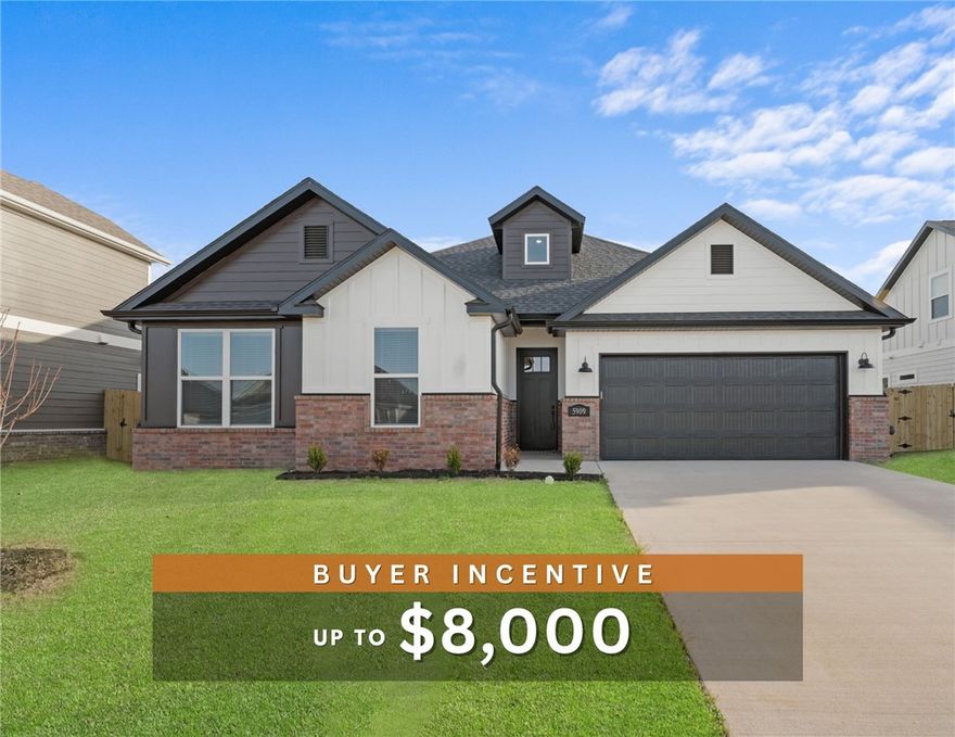 Fence, blinds and gutters included! Discover your dream home in the sought-after Osage Hills neighborhood. Clinton plan with garage on the right & North facing! 9 ft ceilings, linear electric fireplace in the living room, LVP flooring throughout the main living areas and primary bedroom, quartz countertops and more. Chef's kitchen boasting frigidaire stainless steel appliances, gas range, pantry, quartz countertops, bar pull handles, large island and gorgeous backsplash. Luxurious primary bedroom features abundant natural light, while the spa-like primary bathroom offers a walk-in shower, double sinks and spacious walk-in closets. Two secondary bedrooms on the main level, a 4th bedroom upstairs that would be a perfect bonus room & a separate laundry room. Nestled on a generous lot with covered patio that overlooks the serene sodded, fully fenced backyard. Sturdy concrete siding & brick! Model home located at 6008 SW Coywolf St- Lot 122.