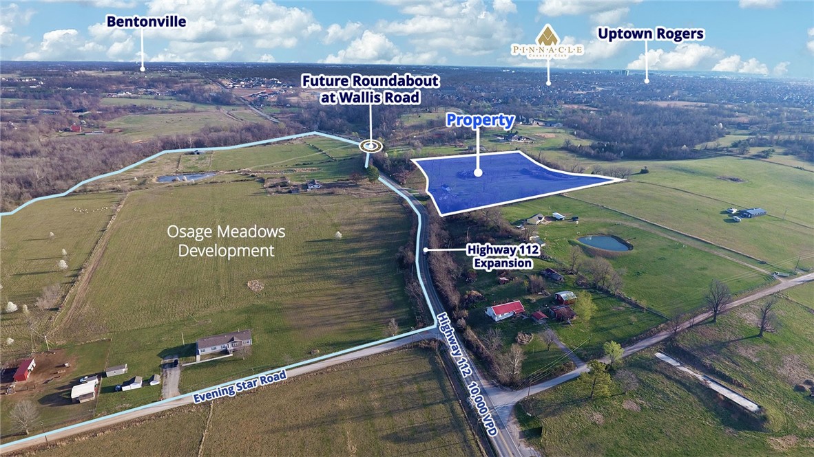 *Showings by appointment only.
Commercial lot fronting Highway 112 for sale and ready for development in Cave Springs, Arkansas. Land is across Highway 112 from future residential and retail development, Osage Meadows with 121 single-family homes. Highway 112 is undergoing road improvements and widening, which gives the corridor great future growth opportunity. The intersection of Highway 112 and Wallis Road will soon have a roundabout.
• +/- 9.96 acres for sale in a direct path of growth in Cave Springs
• Zoned “A-1,” with single family residence currently on the property
• Future land use plan shows Mixed-Use and Neighborhood transition
• 10,000 vpd traffic count and expected to grow with Hwy 112 expansion
• Future roundabout at Hwy 112 / Wallis Road to the north
• Adjacent to Osage Meadows PZD, a mix of commercial & residential uses planned
• Home & garage convey with property as-is (price based on land value)
• Size may vary by 1 ac +/- depending on Right of Way for Highway 112