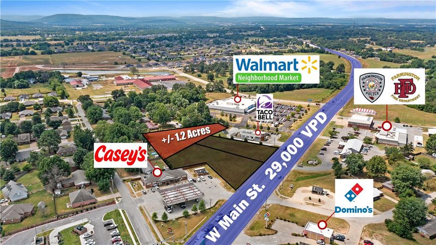 Your opportunity to capture +/- 1.2 Acres of prime commercial land in the thriving community of
Farmington, offering outstanding development potential! This property features level, open terrain with
significant road frontage along W Main St., which sees over 29,000 VPD! This parcel is big enough to fit a +/- 9,000 SF strip center building. A cross access easement agreement with Walmart on the southwest side enhances accessibility. Utilities are conveniently available on-site or nearby. Surrounded by popular businesses, including Casey's General Store, Taco Bell, Walmart Neighborhood Market, this parcel is in a bustling area. Additionally, it is less than 1.6 miles from Farmington High School and it's newly built $16 million sports complex, and only 6 miles from the University of Arkansas. This is an exceptional opportunity to invest in a rapidly growing area!