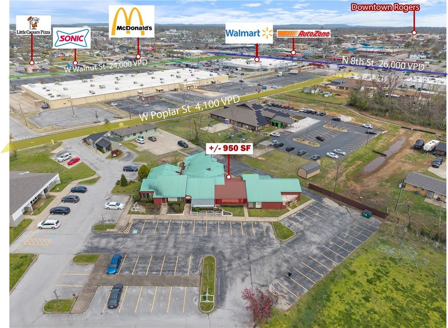 +/- 950 SF of office space now available for lease in Rogers, AR! This well-maintained and recently
remodeled space features a welcoming reception area, 2 private offices (could be used as
conference rooms or open workspace areas), a private bathroom, and a break room area. The property is conveniently located just 2 minutes from the Walmart Neighborhood Market and 6 minutes from the Walmart Supercenter, only 1 minute from the N 8th St intersection, and just 3 minutes from downtown Rogers, making it highly accessible for both clients and employees. In addition to rent, tenant will be responsible for $100/mo for CAM/Trash as well as their own electric and water in their name. Space can be combined with next door suite for a total of 2,792 SF.