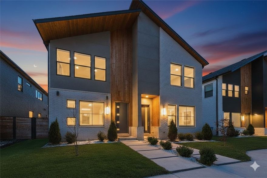 Experience modern luxury near Downtown Bentonville without the traffic. Stunning townhome, just 2.1 miles from the new Walmart Campus. Enjoy the ultimate lifestyle—walk or bike to world-class art, dining, culture, and renowned mountain biking trails. This home exudes sophistication with a spacious living area, accent lighting, floating shelves, and a sleek linear electric tile fireplace. The chef’s dream kitchen boasts a custom waterfall island, floor-to-ceiling cabinetry, quartz countertops, high-end Café appliances, and a working pantry. The primary suite upstairs offers a private retreat with wood floors, a spa-like ensuite with a floating vanity, a walk-in shower with rain head and jets, and a custom walk-in closet. A secondary bedroom on the main level adds convenience and the bonus space upstairs is perfect for relaxing or entertaining. Charming courtyard-style patio with ambient lighting, a two-car rear load garage and side green space for pets.