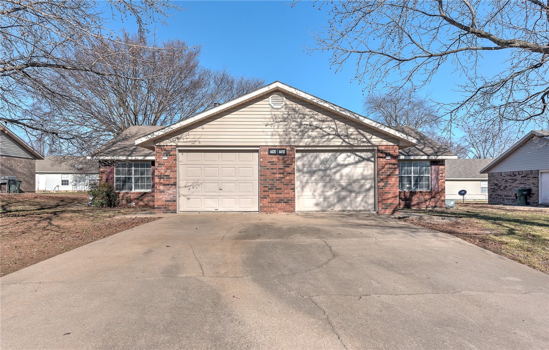 Excellent investment opportunity in West Fayetteville! Freshly remodeled duplex with brick exterior (2 bedrooms, 1.5 bathrooms, 1 car garage per side). Brand new flooring, paint, refinished cabinets, counter tops, and new lighting & plumbing fixtures throughout. Brand new kitchen appliances including Refrigerators. Washer/dryer hookups. Unit 4420 has newer Heat & Air units. Unit 4418 has a newer hot water heater w/expansion tank. Conveniently located just under 2 miles from I-49 and only 3 miles to the UofA. Close to bus routes, trails, schools, shopping, restaurants, and all amenities Fayetteville.