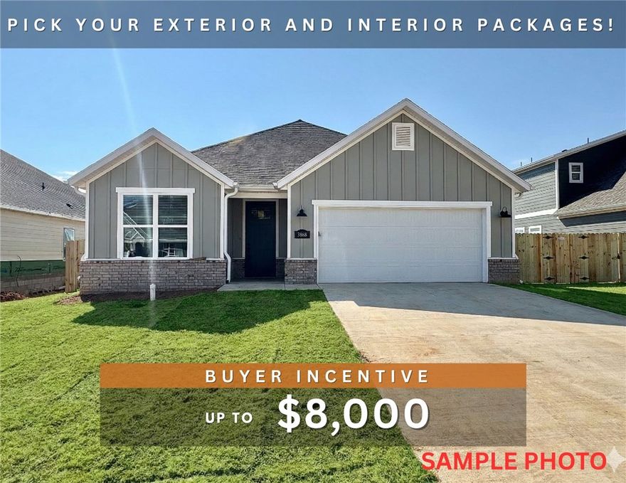 Colby plan with 1 level, garage on the right and South facing! Select your exterior & interior packages! 9 ft ceilings, linear electric fireplace, LVP flooring throughout the main living areas and master bedroom, quartz countertops and more. Chef's kitchen boasting frigidaire stainless steel appliances, gas range, pantry, quartz countertops, bar pull handles, large island and gorgeous backsplash. Luxurious primary bedroom features abundant natural light, while the spa-like master bathroom offers a walk-in shower, double sinks, tub, and spacious walk-in closets. Additional features include a formal dining room, three large secondary bedrooms and a functional laundry room. Nestled on a generous lot with covered patio that overlooks the serene sodded, fully fenced backyard. Sturdy concrete siding! Model home located at 3631 Tranquility St- Lot 1.