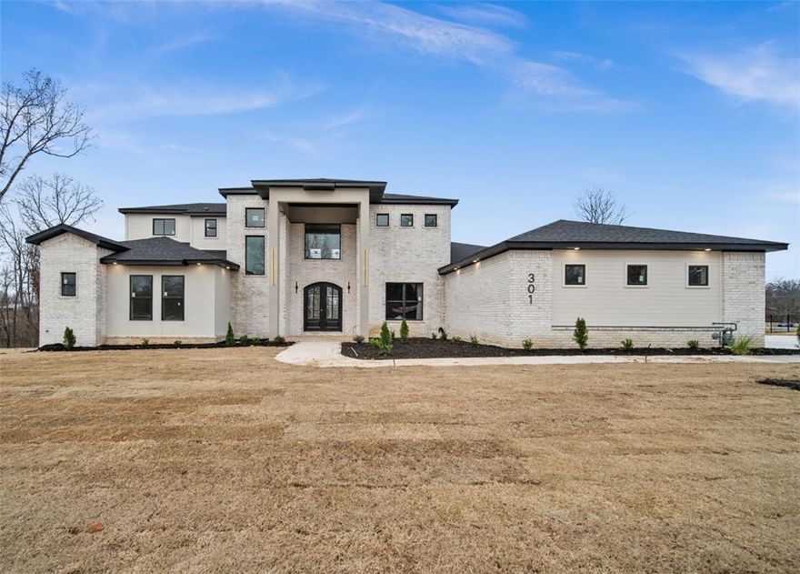 Exquisite estate home nestled on a sprawling 1-acre lot. Grandeur is immediately apparent entering the large living room, soaring 20ft ceilings & designer custom linear fireplace. Chef's kitchen featuring a large island, farmhouse sink, pantry,GE Profile Series appliances, quartz waterfall countertops, 5-burner gas range, double ovens & custom cabinets. Formal dining with accent wall, built-ins & wet bar. Primary suite is a haven, with a spa-like bath showcasing a soaking tub & a spacious walk-in tile shower. Study with accent wall, built-in desk & storage. 5th bedroom upstairs includes a flex room, perfect for a teenager's dream room or a mother-in-law area. 4 car garage, engineered hardwood floors on the first floor, prewired for home audio & security system & a catwalk with custom ironwork. Outdoor living is impressive, with a covered patio/deck featuring a linear fireplace & views of the expansive lot. The home is situated in a beautiful neighborhood with the Stillhouse waterfall, Spring Creek, & tranquil pond.