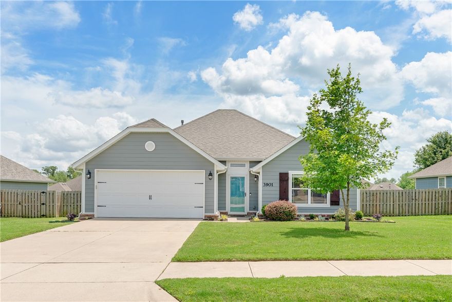 3 bedroom, 2 bath, 1 owner home with open floor plan. Home features new interior paint throughout, new landscaping  and new roof coming this week.  The house has granite countertops with hardwood floors in main living area, carpet in bedrooms and tile in kitchen/baths. Large laundry room, covered back patio, his and her closets and jacuzzi tub are some of the other features. Home is in a quiet road within walking distance to C.L and Willie George Park with walking trail and splash pad and 2 schools, Don Tyson School of Innovation and Lakeside Junior High. It is also close to Turnbow Elementary. Come check out this charming home!