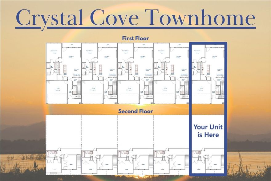 Welcome to Crystal Cove, where modern design meets everyday comfort in this beautifully crafted 3-bedroom, 2.5-bath townhome by Sunrise Homes. This ~1,582 sqft layout features a desirable primary suite on the main level, offering both convenience and privacy. The open-concept living space is highlighted by a soaring vaulted ceiling and large Clerestory Windows bringing in natural light for a bright, airy feel throughout. Also featuring a sleek electric fireplace, creating an inviting atmosphere. The kitchen flows seamlessly into the dining and living areas, perfect for entertaining. Upstairs includes two additional bedrooms, a full bath, and a loft-style hallway overlooking the main living area. Enjoy outdoor living with a covered back patio and private backyard. Low-maintenance living with thoughtful design throughout makes this home ideal for a variety of lifestyles.  Builder’s credit of $3,000 and Lenders Credit Up To $5,000 with Preferred Lender.