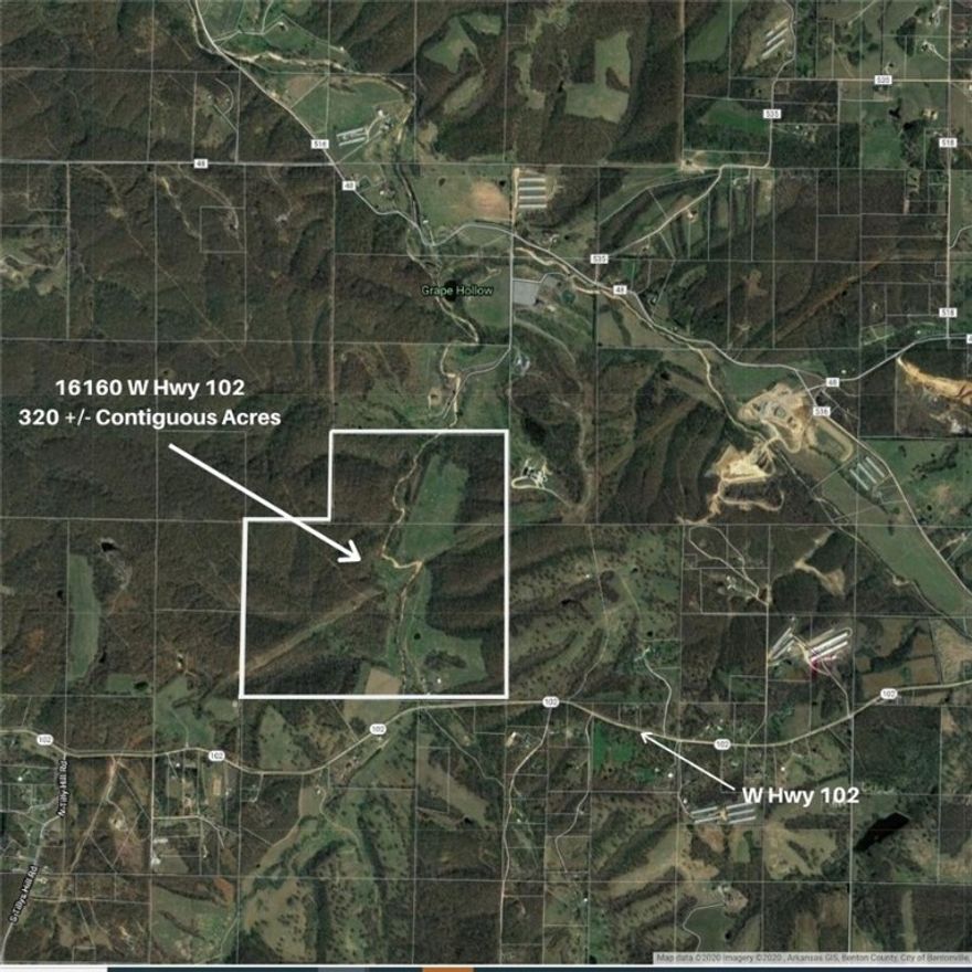 AMAZING DEVELOPMENT POTENTIAL…320 CONTIGUOUS ACRES directly off Hwy 102 West!!  12 miles to Downtown Bentonville, 10 miles to XNA Airport, this rare find would make a great investment to develop a subdivision, farm and more!  Highway frontage with great accessibility!  Property is fully fenced and perfect for cattle.  1,544 sq ft home on the property w/ electric and water.  AMAZING OPPORTUNITY in ever growing and thriving Northwest Arkansas!