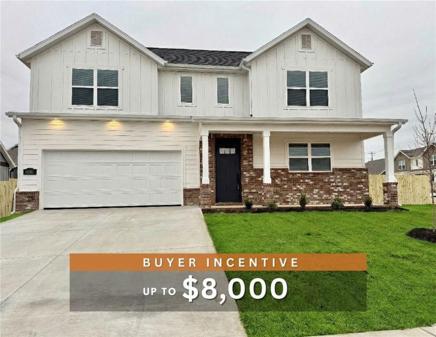 Fence, blinds and gutters included! Discover your dream home in the sought-after Osage Hills neighborhood. Frisco plan with garage on the left and North facing! 9 ft ceilings, linear electric fireplace, LVP flooring throughout the main living areas and primary bedroom, quartz countertops and more. Chef's kitchen boasting frigidaire stainless steel appliances, gas range, pantry, quartz countertops, bar pull handles, large island and gorgeous backsplash. Luxurious primary bedroom features abundant natural light, while the spa-like primary bathroom offers a walk-in shower, tub, double sinks, and spacious walk-in closets. Additional features include three large secondary bedrooms upstairs and a separate laundry room. Nestled on a generous lot with covered patio that overlooks the serene sodded, fully fenced backyard. Sturdy concrete siding & brick! Model home located at 6008 SW Coywolf St- Lot 122.