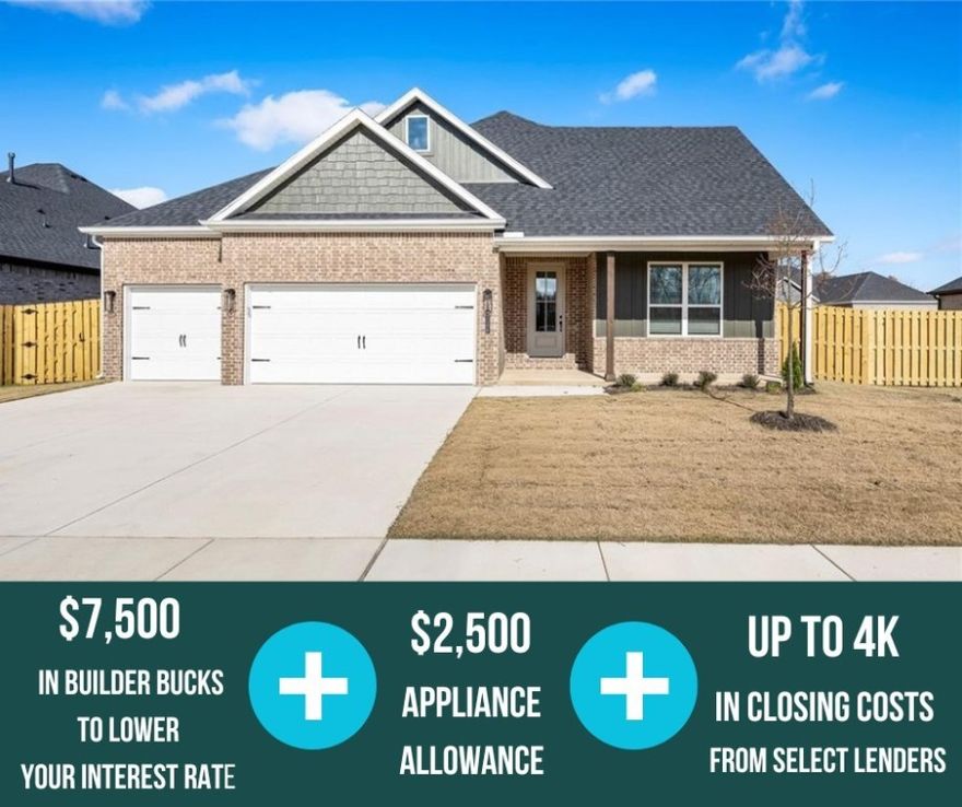 Welcome to the Magnolia Plan! This well-designed 4-bedroom, 2.5-bath home offers 2,106 sq ft of single-story living with an open-concept layout that seamlessly connects the kitchen, living, and dining areas. The modern kitchen overlooks the spacious living room, and just off the main living space, you’ll find a covered back patio and fully fenced backyard. The private primary suite features a beautifully finished bathroom and a generous walk-in closet with direct access to the laundry room for added convenience. Three additional bedrooms provide flexibility. Cabinets over the toilets offer added storage space. Framed mirrors in the bathrooms provide a designer-quality finish.  The home is wired for Cat 6, ensuring fast and reliable internet connectivity. For a limited time, Lower your interest rate with $7,500 from the builder + $2,500 appliance allowance + up to 4k in closing costs from select lenders. For a total of up to 14K with lender incentives. Fence, blinds, and gutters are all included.