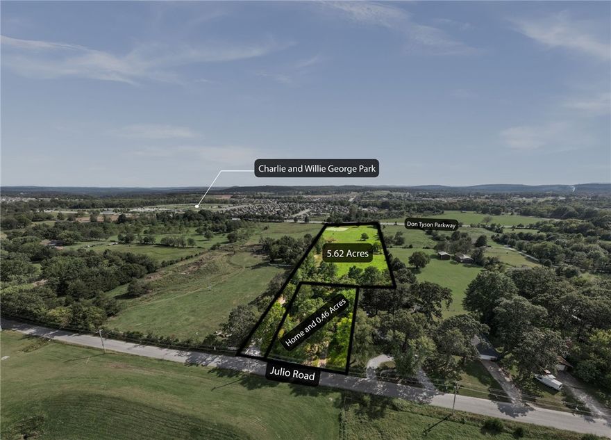 Phenomenal development opportunity right in the middle of the hustle & bustle of growing Springdale. Two parcels, totalling 6.08 acres, with over 216' of frontage on the heavily travelled Don Tyson Parkway. These flat parcels are ideal for future developments like SFR and multi-family. Nestled among all of the amenities in Springdale-- walking distance to multiple schools, 2 mins from the bustling DTP/HWY 71B intersection, and less than 5 minutes to the Razorback Greenway. The smaller parcel includes a 2,194 sf. single family home in good shape-- which could make an ideal rental or alternate entrance to the large parcel. The larger parcel is 5.62 flat acres with partial pond access and access to Julio Rd. Sewer, water & gas on site. Both parcels to be sold simultaneously together. Cross listed with MLS #1324095