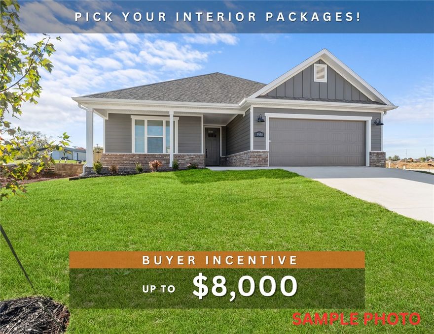 Fence, blinds and gutters included! Discover your dream home in the new neighborhood- Jacob's Crossing. Fredrick plan with 1 level, garage on the left & North facing! Pick your interior packages! 10 ft ceilings in the living room, linear electric fireplace, LVP flooring throughout the main living areas & primary bedroom, quartz countertops & more. Chef's kitchen boasting frigidaire stainless steel appliances, gas range, pantry, quartz countertops, bar pull handles, large island & gorgeous backsplash. Luxurious primary bedroom features abundant natural light, while the spa-like primary bathroom offers a walk-in shower, double sinks, tub & spacious walk-in closets. Additional features include three large secondary bedrooms and a separate laundry room. Nestled on a generous lot with covered patio that overlooks the serene sodded, fully fenced backyard, creating an exceptional living experience. Sturdy concrete siding & brick! Model home located at 3631 Tranquility St-Lot 1.