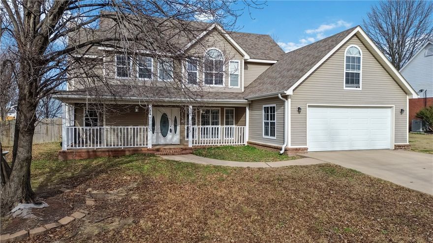 This Fantastic Well-Maintained 4+bed, 2.5-bath corner-lot home offers impressive space inside and out in a charming, established non-HOA Centerton neighborhood just off Main St. & close to Schools. The first level features a spacious primary suite with large ensuite bath, soaker tub, separate shower, and double vanity. You’ll also find a laundry/mudroom with sink and abundant cabinets. The bright kitchen shines with Corian countertops, craftsman cherrywood cabinetry, soft-close drawers, pull-out shelves, and a pop-up outlet. A formal dining room sits nearby for memorable gatherings, while the cozy living area offers a gas log fireplace and sliding doors to the spacious privacy-fenced backyard. Upstairs includes three bedrooms with great closet space plus a versatile bonus room for an office, gym, family room, or extra bedroom. With generous storage, tons of natural light, & close proximity to schools, Walmart HQ, trails, shops, and dining, this wonderful home is Truly A Must-See!