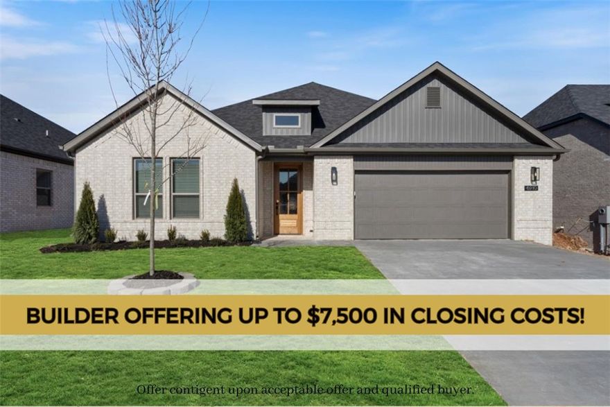 Builder is offering up to $7,500 towards buyer's closing costs, interest rate buy down, or towards an appliance package! The “IVY” plan features a cozy 3 bed, 2 bath single story open-concept layout with luxurious finishes including vaulted ceilings, quartz countertops, quaint entry way perfect for capturing that inviting feel, upgraded lighting fixtures, custom cabinets, black stainless steel appliances, gas fireplace, gas range, floor to ceiling tiled walk in shower in primary bathroom with whirlpool tub & luxury vinyl plank floors throughout. Enjoy standard inclusions such as insulated garages, full home gutters, privacy fence, & 2” blinds throughout. Community pool coming in Phase 2! Under 10 minutes to XNA Airport and under 20 minutes to Downtown Bentonville and New Walmart Campus! Ask about the additional preferred lender incentive. SOUTH FACING!