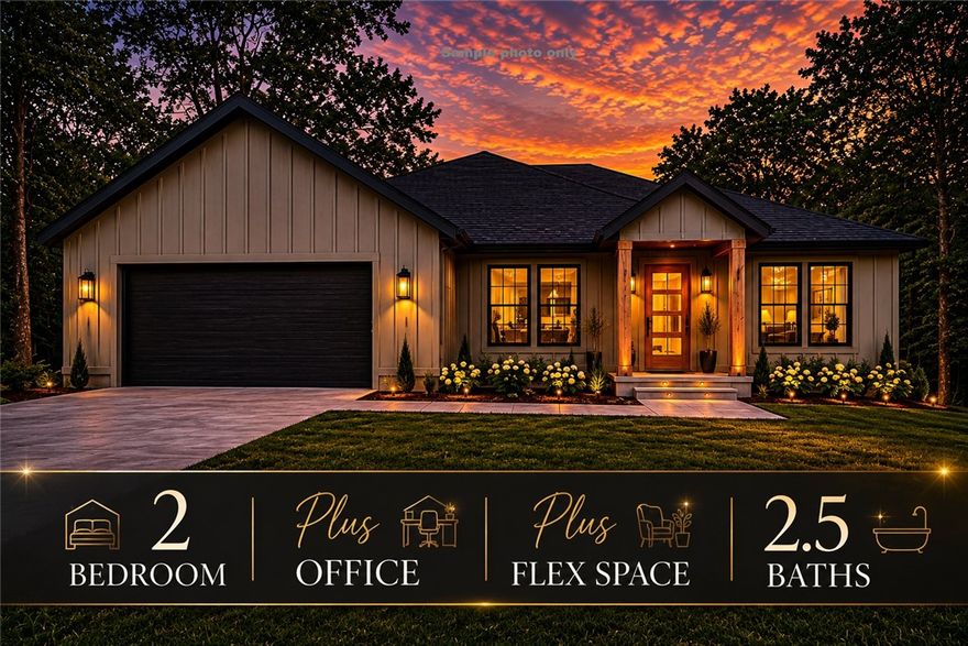 Stunning Luxury Home with Breathtaking Ozark Views! Welcome to this exceptional single-story home, perfectly nestled on a 1/3 an acre w/ serene views. Designed w/ functionality in mind. Soaring cathedral ceilings & premium finishes throughout—no detail has been overlooked & no expense spared. Step inside to find Luxury Vinyl Plank flooring that flows seamlessly across the spacious layout. The great room is filled w/ natural light from oversized windows that showcase the beautiful Ozarks. The kitchen is an entertainer’s dream, featuring a massive island, quartz, custom cabinetry & walk-in pantry. 2 bdrms, +office, +Flex space, 2.5 bthrms. The primary suite is tucked away in it's own private wing; spa-like bathroom w/ a soaking tub & custom shower w/ full tile accent wall. Enjoy a lg. covered deck perfect for relaxing or entertaining. Oversized two-car garage. This home truly has it all: style, comfort, & views. Don’t miss your chance to own this one-of-a-kind retreat! Near Lake Ann boat ramp & Back 40 Trailhead!