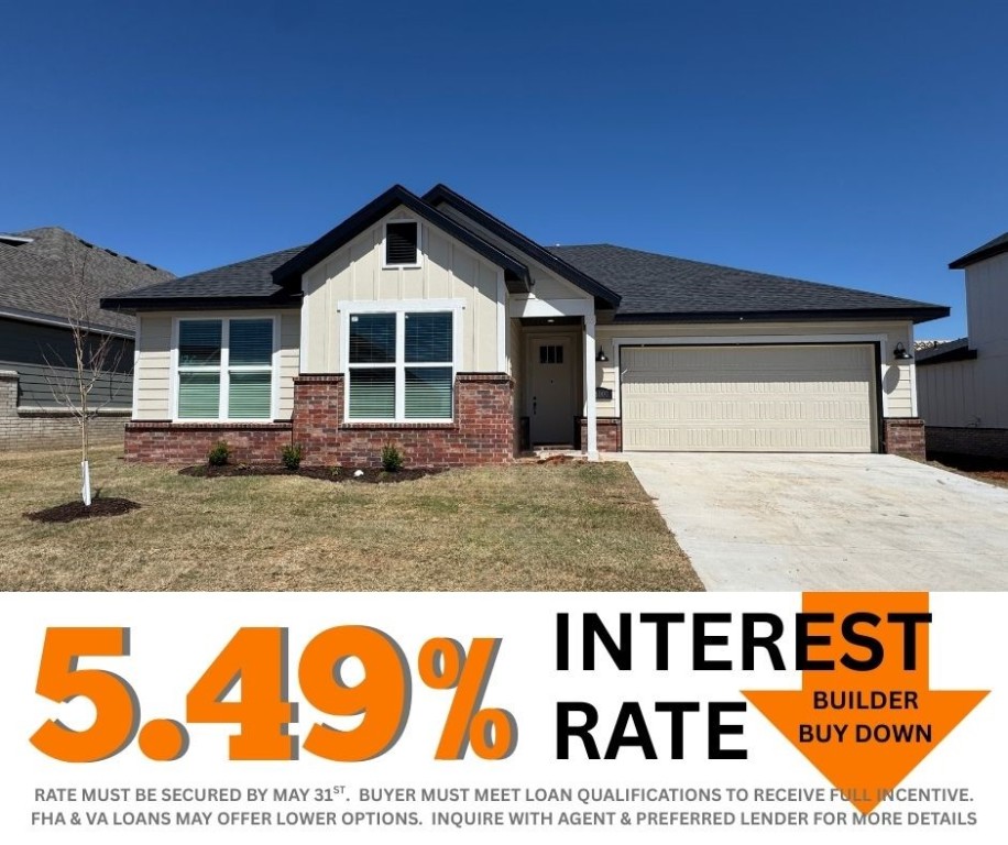 5.49% INTEREST RATE/BUILDER BUY DOWN & fence, blinds and gutters included! Discover your dream home in the sought-after Osage Hills neighborhood. Benton plan with garage on the right and South facing! 10 ft ceilings in the living/kitchen area, linear electric fireplace in the living, 1 level, LVP flooring throughout the main living areas and primary bedroom, quartz countertops and more. Chef's kitchen boasting frigidaire stainless steel appliances, gas range, pantry, quartz countertops, bar pull handles, large island and gorgeous backsplash. Luxurious primary bedroom features abundant natural light, while the spa-like primary bathroom offers a walk-in shower, double sinks, and spacious walk-in closets. Additional features include three large secondary bedrooms and a separate laundry room. Nestled on a generous lot with covered patio that overlooks the serene sodded, fully fenced backyard. Sturdy concrete siding & brick. Model home located at 6008 SW Coywolf St- Lot 122.
