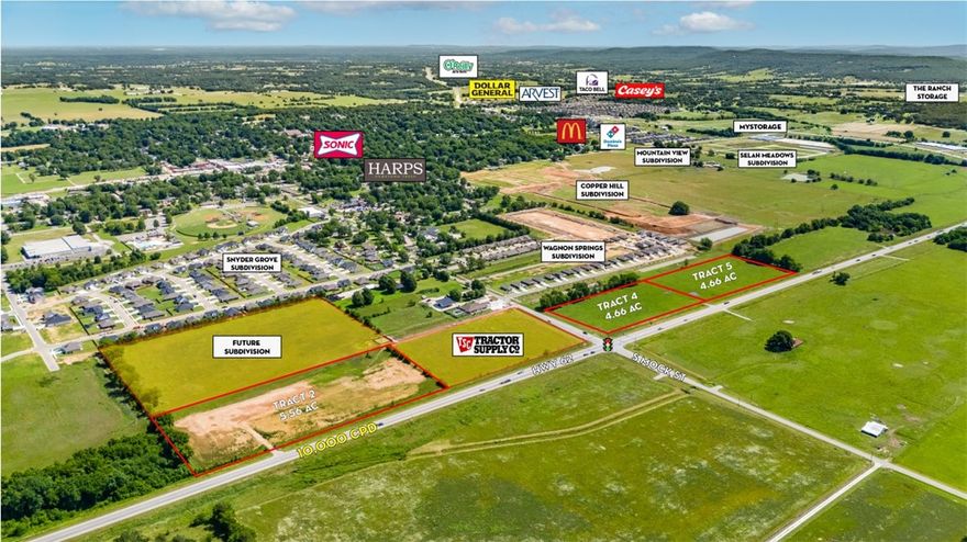 Commercial lots ready for development along Hwy 62 in Prairie Grove. Property suits many uses and can be subdivided as needed. This is an opportunity to be centrally located in a town experiencing immense commercial and residential growth. 

Cleared & level lots with access to all utilities.
Can be subdivided as needed.
Lots anchored by future Tractor Supply Co. 
4-way lighted intersection with 10,000 CPD along Hwy 62.
Multiple access points along Hwy 62 & S Mock St.