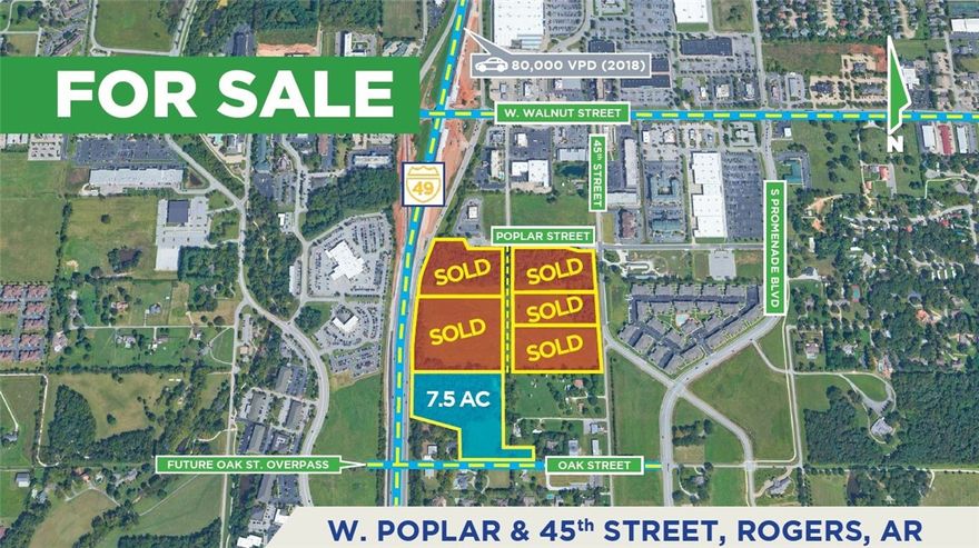 7.5 acres for sale centrally located between the Pinnacle Hills Promenade and Scottsdale shopping Center, two premier shopping destinations in Northwest Arkansas. Located on Oak Street this property has frontage on I49 plus the future Oak Street overpass is on the south entry to the property.  Property is located in the heartbeat of Rogers and is surrounded by commercial development and multifamily housing. Zoned C-2 RO.