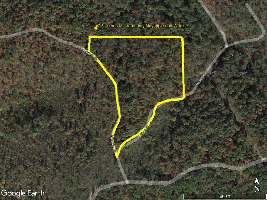 If you are looking to build a cabin in the woods of North Central Arkansas in the Ozarks Mountains, consider this 7.51 acre tract. This property is only 0.25 miles (walking distance) from the border of Buffalo National River boundary line at the end of Mayapple Road where you have access to thousands of acres in which to hunt, hike, explore, ride horses and camp and then you are only 1.75 miles to the river's edge on a well maintained road where you will find a canoe/kayak launch site where you can enjoy more recreational activities such as floating, swimming and fishing on the beautiful Buffalo River. This tract is mostly level with some slope to it but plenty of level area for a cabin, house or travel trailer. Electric lines are nearby but will need to get permission to attach to the neighbor's power pole. A water well would need to drilled as the rural water lines are pretty far away.