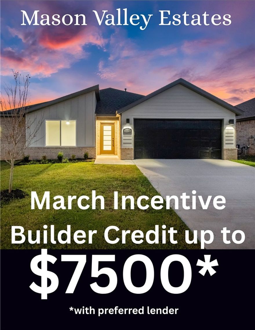 The Melbourne Plan, a stunning new construction home in Mason Valley Estates Subdivision, located in the desirable Bentonville Schools. Designed with style and function, this 3 bed, 2 bath home offers a perfect blend of modern elegance and everyday comfort. The open-concept layout invites you to see the spacious interior. At the heart of the home, the kitchen shines with granite countertops, custom cabinetry, a large island, and premium stainless steel appliances, making it perfect for hosting or casual dining. Cozy up by the gas fireplace in the living area or enjoy the practicality of a gas range for all your cooking. With luxury finishes throughout, this home is truly designed for today’s lifestyle. Situated in an exciting new community, future amenities include a pool, adding even more value to your investment. Schedule your showing today and take advantage of the $4,000 builder credit, and up to $3,500 lender credit.