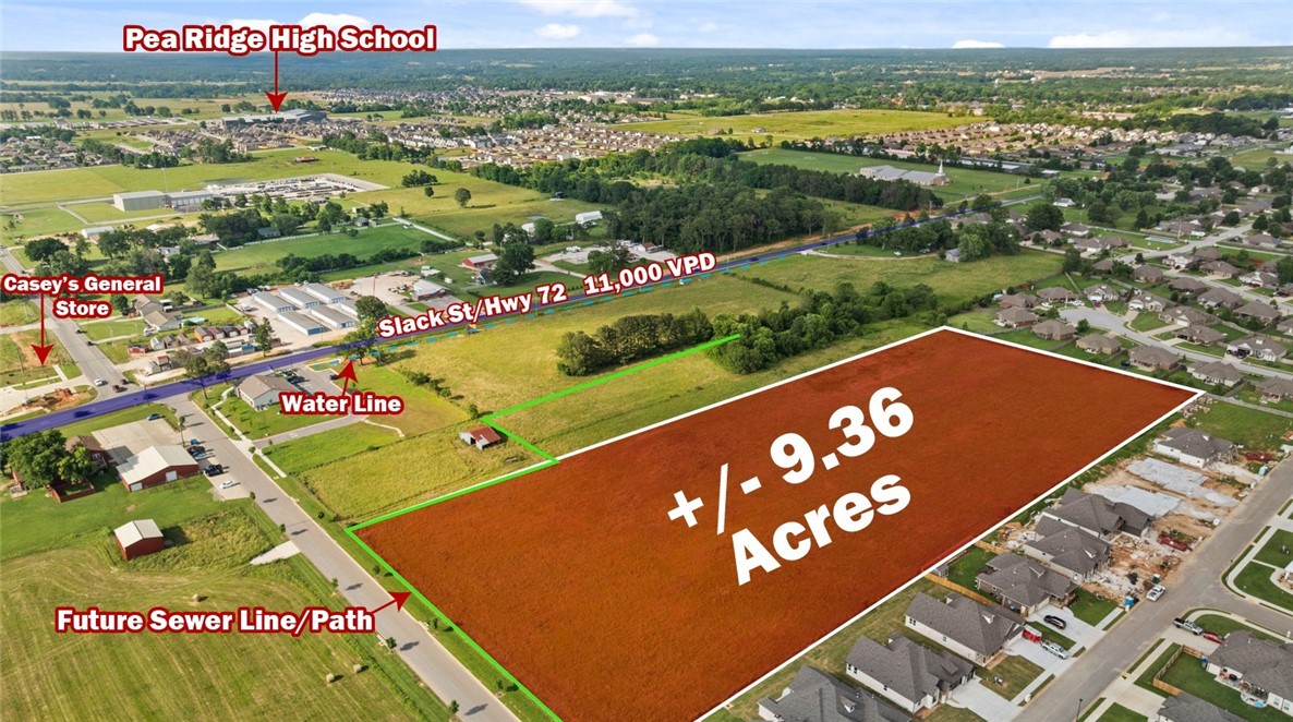 +/- 9.36 Acres of level, cleared land right off Slack St/Hwy 72 in Pea Ridge with approx. 382' of road frontage on Dove Rd. Zoned C-1 Neighborhood Commercial, this prime location is ideal for dense housing such as townhomes or multifamily projects. With Pea Ridge less than 15 minutes from the front steps of Walmart World Headquarters, this is an appealing location for housing. Additionally, this site could be used for retail, restaurant, general office building, bank, or medical facility. Situated near the brand new Casey's General Store, this property is in a thriving area. Pea Ridge is one of Northwest Arkansas' fastest growing cities, with over 400 building permits issued in 2023, surpassing even Springdale, AR!