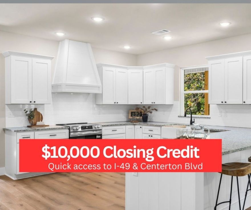 $10,000 Closing Credit! There’s room for the whole family in this new construction 4-bed, 4-bath home on 1 acre, just 20 minutes from Downtown Bentonville. This modern country retreat is designed for comfort and connection, featuring 2 living areas and an open-concept floor plan. The kitchen shines with granite countertops, white shaker cabinets, stainless steel appliances, and wooded views. A large walk-in pantry keeps everything organized, and the bright dining area is ideal for family gatherings. The main-level primary suite offers a peaceful escape with a custom-tiled shower, soaking tub, and walk-in closet. A dedicated home office provides space for work or study, while the oversized 3-car tandem garage and walk-in attic offer excellent storage. Upstairs, the flexible second living area is perfect for a media room, playroom, or teen hangout. Enjoy private wooded views from the covered deck. Located minutes from I-49 and E. Centerton Blvd., this home blends country living with quick access to all NWA offers.