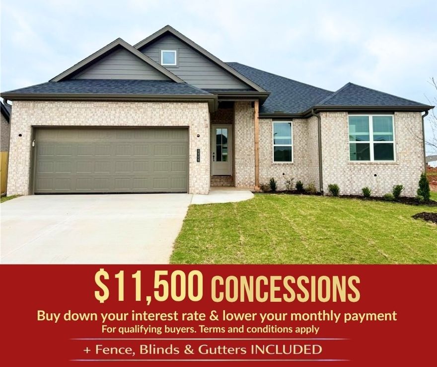Nestled in Pea Ridge, Arkansas, Yorktown Subdivision showcases a perfect blend of classic and modern architectural influences, creating a truly inviting community. The Sparrow floor plan offers 1,660 square feet of well-designed living space, featuring 4 bedrooms, 2 bathrooms, a 2-car garage, and the convenience of one-story living. This home is thoughtfully equipped with a countertop push-button garbage disposal for added ease in the kitchen, ceiling fans in each bedroom for enhanced comfort and energy efficiency, and full sod in both the front and back yards for an instantly lush, finished outdoor space. Combining practical features with stylish design, the Sparrow plan is ideal for comfortable everyday living.For a limited time, Lower your interest rate with $5,000 from the builder + $2,500 appliance allowance + up to 4k in closing costs from select lenders. For a total of up to 11,500K with lender incentives. Fence, blinds, and gutters are all included.