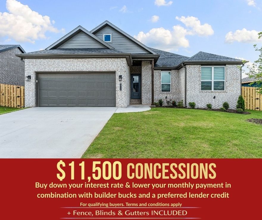 Nestled in Pea Ridge, Arkansas, Yorktown Subdivision showcases a perfect blend of classic and modern architectural influences, creating a truly inviting community. The Sparrow floor plan offers 1,660 square feet of well-designed living space, featuring 4 bedrooms, 2 bathrooms, a 2-car garage, and the convenience of one-story living. This home is thoughtfully equipped with a countertop push-button garbage disposal for added ease in the kitchen, ceiling fans in each bedroom for enhanced comfort and energy efficiency, and full sod in both the front and back yards for an instantly lush, finished outdoor space. Combining practical features with stylish design, the Sparrow plan is ideal for comfortable everyday living.For a limited time, lower your interest rate with up to $11,500 in builder bucks and preferred lender incentives! Plus, fence, blinds, and gutters are all included.
