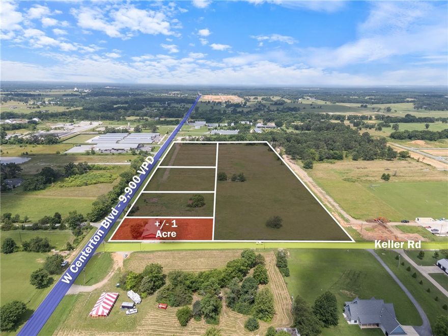 +/- 1 acre of prime land available at the highly visible corner of W Centerton Blvd and Keller Rd in Centerton. Currently zoned A-1 Agricultural, this property offers a strong redevelopment opportunity for commercial use. Ideal for an office, retail space, QSR, or a gas station/convenience store, this lot is strategically positioned on W Centerton Blvd, which sees approx. 9,900 VPD. The location is less than one mile from Highway 279, around 1.5 miles from Centerton's Main St., approx. 2 miles from Bentonville West High School, and just 7.5 miles from Northwest Arkansas National Airport (XNA), making it a convenient and high traffic area for a future business development. Build-to-suit/Ground lease options will also be considered!