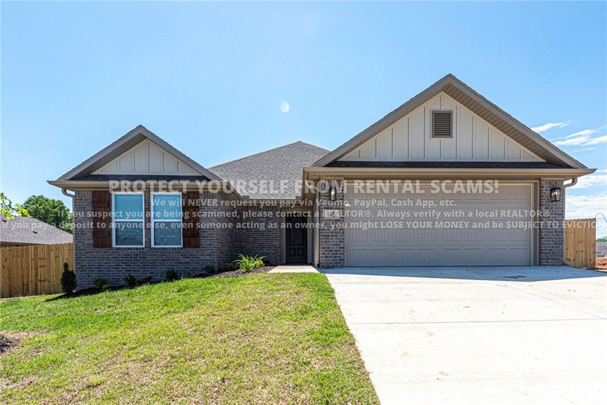 COMING SOON! Available approx. 6/15/26! Check out this new construction 3 bed 2 bath home located just minutes away from disk golf course, park, eateries, and a short drive from the University of Arkansas! Head inside to the spacious living room with a beautiful gas log fire place! Flow into the kitchen featuring stainless steel appliances, pantry, and granite countertops! Check out the primary bathroom with a double sink vanity, stand up shower highlighted with tile back splash, tile flooring, and granite countertops! Relax and relish in the large, fenced in backyard! BONUS: All appliances included! *Available date may change. Property is tenant occupied - do not disturb the tenant. **Tenant is responsible for all utilities and lawn care/maintenance.