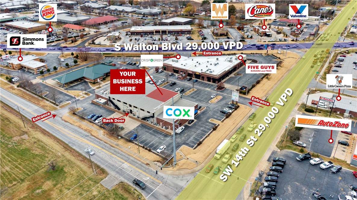 Impressive +/- 2,160 SF office space situated in the heart of Bentonville at the bustling intersection of 14th and Walton! This versatile space features four offices, a spacious conference room, inviting reception area, separate men's and women's restrooms equipped with showers, a convenient kitchen area, and storage rooms. Adding to its appeal, the space offers balcony access, perfect for enjoying outdoor work on warmer days, with two doors leading outside. Additionally, floor-to-ceiling windows adorn the conference room and back office, infusing the space with natural light. Located on the second floor of the rear building within Crossroads Plaza, accessibility is effortless with an elevator on-site. Situated 5 minutes to Centerton, 5 minutes to Rainbow Curve, 8 minutes to I-49, and 10 minutes to Bella Vista, making this location very central! Also only 5 minutes from the new Walmart HQ. This space is available on a NNN lease, with tenants responsible for all utilities + $250/mo for water and trash.