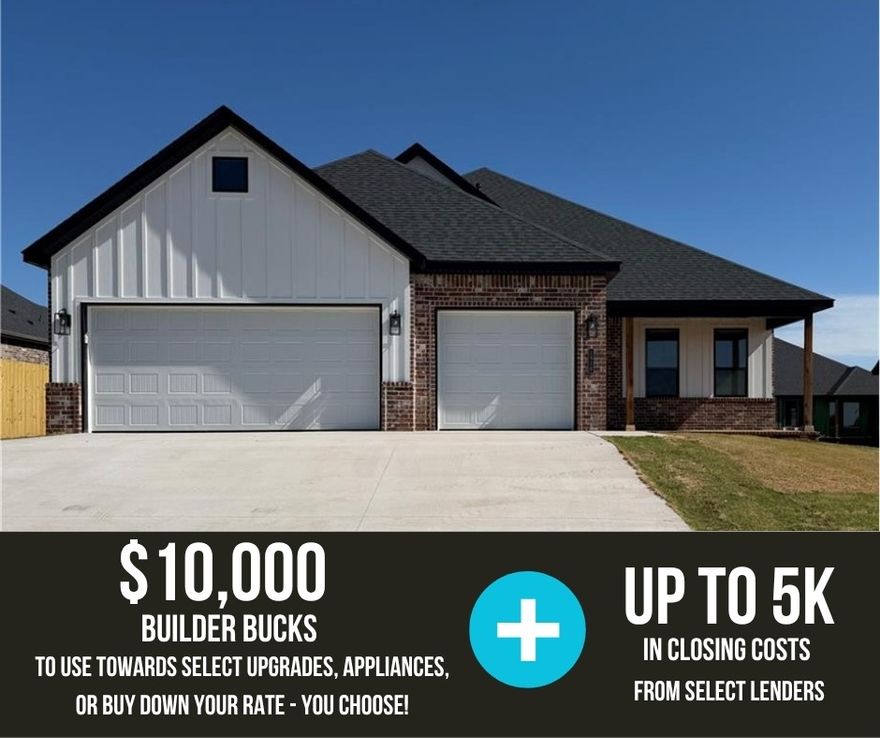 The Teak plan offers 2,066 square feet of well-designed single-story living with 4 bedrooms, 2 bathrooms, a convenient study nook, and a spacious 3-car garage, all set within the peaceful Hillcrest community that pairs suburban comfort with unbeatable access to top schools, major employers, and key Northwest Arkansas travel routes. This home features an insulated garage door and walls, bathrooms with tile extending to the ceiling, a gas cooktop with a hood vented to the exterior, a gas water heater, a TV hookup on the back patio, and thoughtful modern finishes throughout—creating a perfect balance of comfort, efficiency, and everyday functionality. Open houses every Sunday from 1--4 PM. For a limited time, Builder Incentives: $10,000 Builder Bucks to use towards select upgrades, appliances, or buy down your rate -- you choose! Plus up to 5K from select lenders. For a total of up to 15K with lender incentives! Fence, blinds, and gutters are all included.