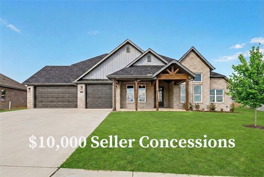 The Knighton Plan located in The Reserve at Wolverine offers 5 bedrooms (4 on the main level), 3.5 bathrooms, and a dedicated office. This open-concept design features a stunning kitchen with custom cabinetry, quartz countertops, and double ovens. The primary suite includes a beautifully tiled shower, stand-alone tub, and spacious wrap-around closet. Enjoy outdoor living on the large covered patio with TV hookup. Fantastic location near Bentonville West High School! Pictures are not of the actual plan, but similar plan and finish. Taxes are based on land only. The builder is offering $7500 towards closing costs or rate buydown, plus fence, blinds, and gutters. Preferred lender incentives as well! For a limited time, the builder is offering an extra $2500 towards closing costs OR a gift card to Lowes or Amazon.