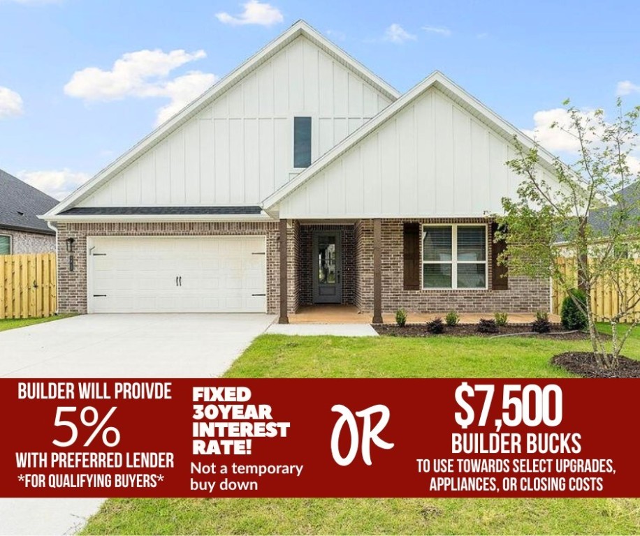 Pea Ridge welcomes you to its rapidly growing community. The Yorktown subdivision places you at the heart of it all, offering close proximity to schools, parks, and beautiful scenic views.This lot showcases the Cardinal Plan, where you're welcomed by LVP flooring and bright, airy touches that bring the home to life. All bedrooms are conveniently located on one side of the house, with two bedrooms and a bathroom at the front, while the primary suite is tucked at the back, next to the laundry room and two extra storage spaces. The kitchen, living, and dining areas flow seamlessly together, with the kitchen offering ample storage, including a walk-in shelved pantry. Enjoy outdoor living with both covered front and back patios.For a limited time rates starting at 4.99% OR $7,500 from builder & up to $4K from preferred lender. For access to see all the homes stop by the model home at 1602 Christman St. Open Monday, Tuesday,Thursday, and Friday from 10-4 and Sunday 1-4.