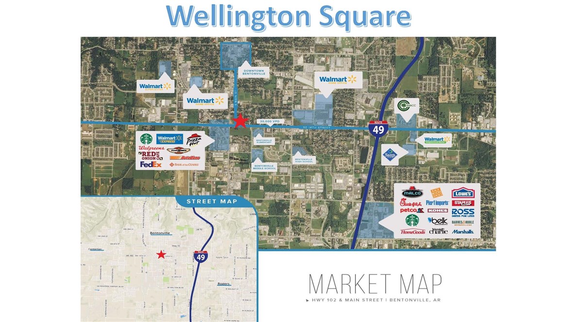 Located in the heart of Bentonville, AR, Wellington Square is perfectly positioned to provide access to the Walmart Home Office community, Downtown Bentonville, and regional traffic along 14th Street (Hwy. 102). The center is currently being remodeled and updated to catch the eye of passersby.