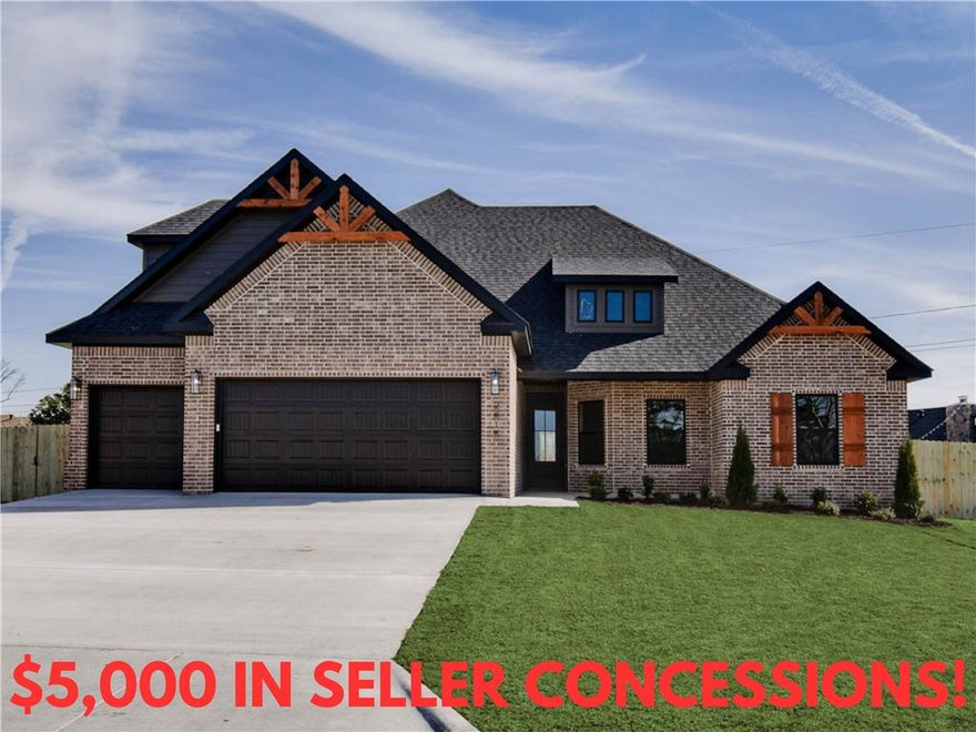 $5,000 IN SELLER CONCESSIONS! Check out this stunning new construction home with a 3-car garage on a .44 acre lot! Desirable location with easy access to I-49, Pinnacle Promenade, and downtown Rogers! Split floor plan. 4 bedrooms + bonus room! Wood privacy fence! The primary suite boasts a large walk-in tile shower and a luxurious soaking tub for relaxation. The kitchen features floor-to-ceiling custom cabinets and a gas cooktop, complemented by elegant 3 cm quartz countertops. Custom finishes throughout. As an added bonus, receive $3,500 towards buyer's closing costs when working with the builder’s preferred local lender! Schedule your showing today!
