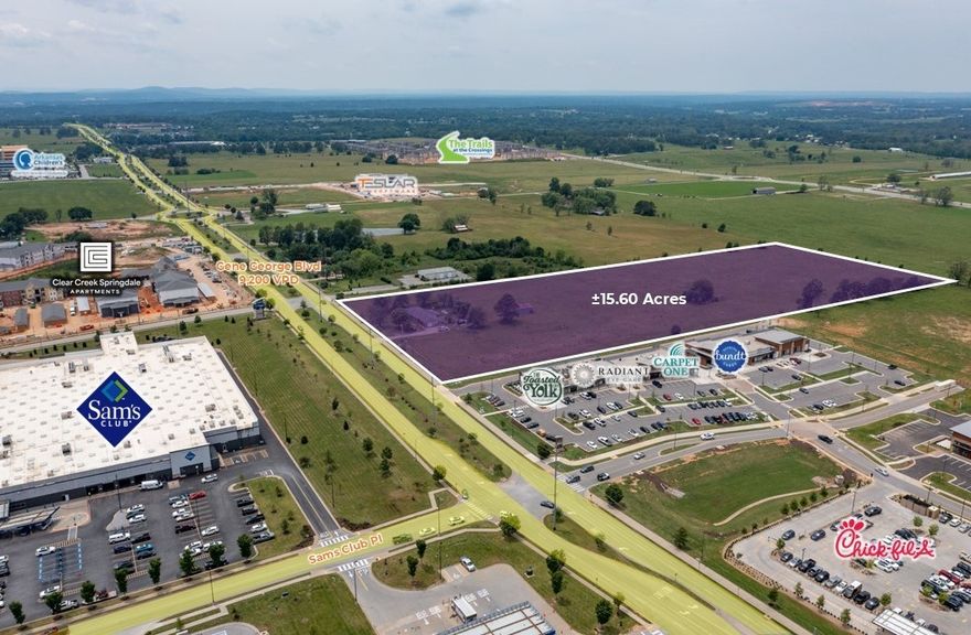 Approximately 503 linear feet of frontage on Gene George Blvd with excellent visibility.  Easy access to I-49 and centrally located in the Northwest Arkansas MSA.  Adjacent to Sam's Club and nearby national retailers such as Chick-fil-A, Chipotle, Panera Bread, Pickleman's Cafe, Andy's Frozen Custard, and many more.  Numerous new developments in the immediate area.  Great development opportunity situated in one of the fastest growing areas in Northwest Arkansas.