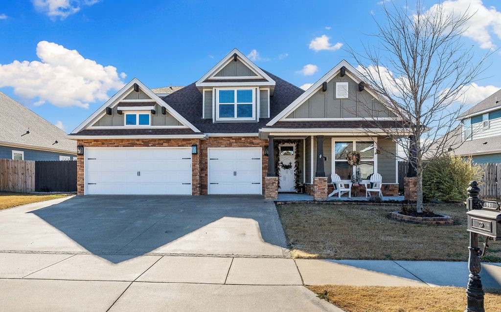 Welcome to this charming craftsman-style home in a prime location within walking distance to Bentonville West HS and Gamble Ele. schools. Featuring a 3-car garage, Central vac system & a lift for getting heavy items into the attic! Community pool, playground & clubhouse. Open-concept floor plan perfect for entertaining, with cozy, separate dining area. Stunning wood beam accents throughout. New hardwood floors and carpet installed, and the kitchen includes a large island and granite countertops. The extra bedroom downstairs has its own ensuite bathroom, and is perfect for guests! The primary suite includes a bathroom with dual vanities, a generous walk-in shower, soaking tub, and a spacious closet that leads to the laundry room. Upstairs, find 4 more bedrooms and 2 full baths. Outside, entertain family & guests on a large covered patio with a gas log fireplace and a 22-ft saltwater above-ground pool! Added bonus: no neighbors behind! Donāt miss this opportunity to own in this sought-after Maple Estates subdivision!