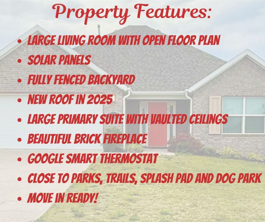 Now offering $3000 buyer credit! Move-in ready 3-bedroom, 2-bath home with already paid off energy-saving solar panels to lower utility costs and a new roof installed in 2025. The open kitchen flows into the dining and living areas, making the layout perfect for daily living and entertaining. Features include laminate wood flooring in the main living spaces, a brick fireplace with wood mantel, granite countertops, upgraded lighting, and a Google smart thermostat. The primary suite offers vaulted ceilings with wood beams and a dual shower in the primary bath. The mounted TV stays with the home. With no backyard neighbors, you can enjoy added privacy and a more peaceful setting. Located near C.L. Charlie and Willie George Park with walking trails, splash pad, dog park, ball fields, and tennis courts.