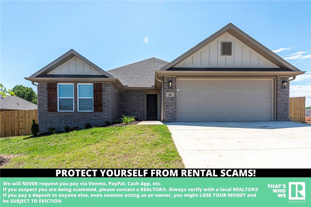 AVAILABLE NOW! Check out this new construction 3 bed 2 bath home located just minutes away from disk golf course, park, eateries, and a short drive from the University of Arkansas! Head inside to the spacious living room with a beautiful gas log fire place! Flow into the kitchen featuring stainless steel appliances, pantry, and granite countertops! Check out the primary bathroom with a double sink vanity, stand up shower highlighted with tile back splash, tile flooring, and granite countertops! Relax and relish in the large, fenced in backyard! BONUS: All appliances included! **Tenant is responsible for all utilities and lawn care/maintenance