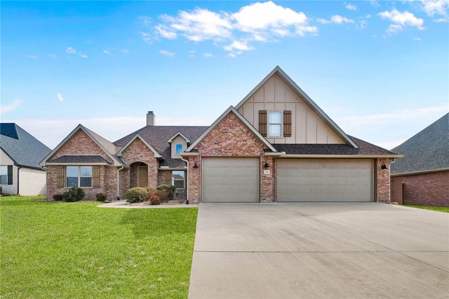 Nestled in a peaceful Tontitown subdivision, this stunning 4-bedroom, 3-bath home with a private office sits in one of Arkansas's most desirable communities. Just minutes from Springdale and Fayetteville, dining, shopping, and top-rated schools, including Har-Ber High School, Tontitown offers the quiet small town charm buyers love. Inside, the open concept floor plan flows seamlessly to a covered patio with a gorgeous south-facing view and a MASSIVE backyard ready for your personal touch. The chef's kitchen features a large island with expansive seating, gas cooktop, generous counter space, ample cabinetry, and a walk in pantry. The primary suite offers a soaking tub, beautifully tiled shower, and spacious walk in closet.  An extended 3 car garage, mudroom entry, and separate laundry add everyday convenience. Bonus features include a whole-house generator with automatic transfer switch, security system, new 12x16 Tough Shed and Cat. 6 wiring throughout for seamless connectivity. New roof, gutters, etc 2025!