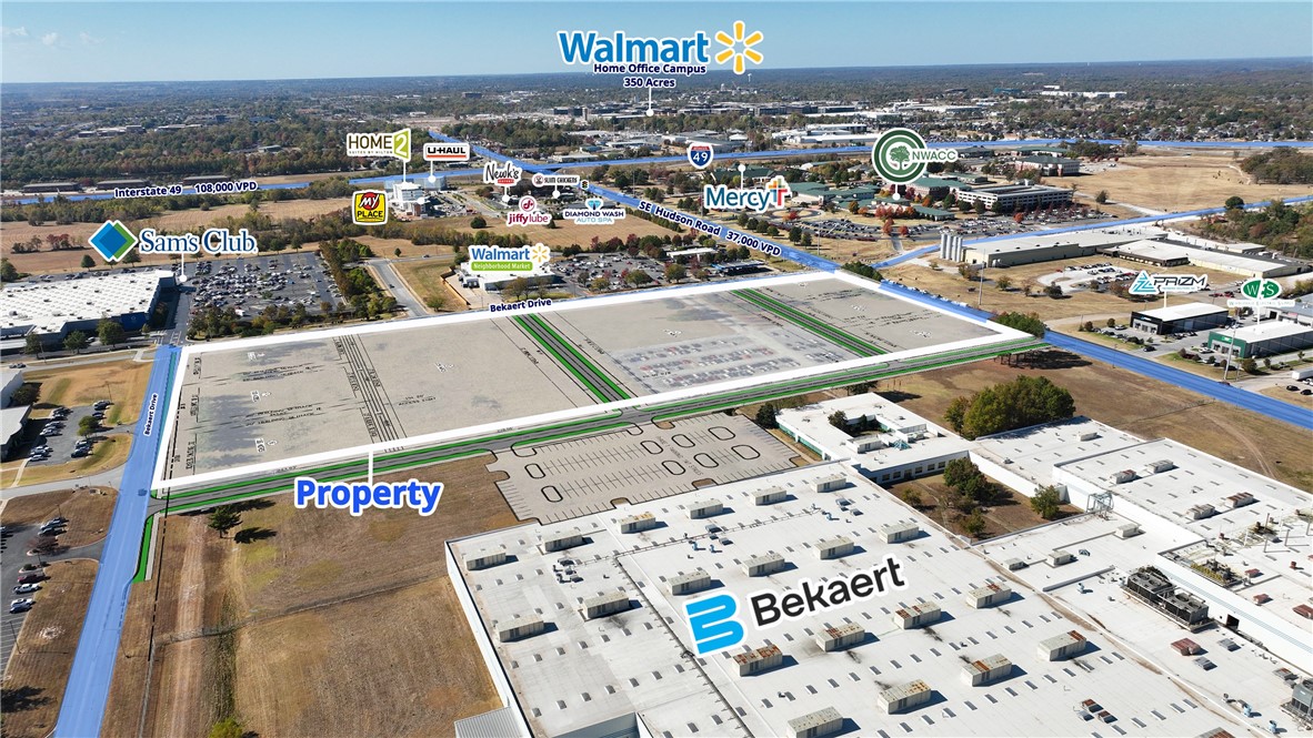 • Prime retail location on the market for the first time
• Parcels can purchased individually or as an assemblage
• Immediately adjacent to Bentonville jurisdiction and Walmart Neighborhood Market and Sam’s Club
• Signalized corner with 37,000 cars per day on W Hudson Rd
• 1 mile from the new 350-acre Walmart Home Office campus that will employ 15,000+ people per day starting in Early 2025
• 2000’ from Interstate I-49 with 108,000 vehicles per day
• Flat topography with water on site and sewer across Bekaert Drive
• High Barrier to Entry retail corridor (HWY 62 West Hudson Road)
• Walking distance to Northwest Arkansas Community College
• Seller will move current parking lot off of site
• Please note that purchasers of this property will be required to contribute and/or participate in the development of certain adjacent access improvements, ensuring connectivity.