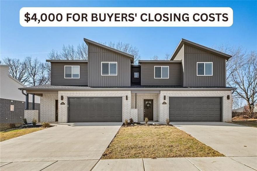 $4000 SELLER CREDIT TOWARDS CLOSING COSTS/RATE BUYDOWN! Welcome to Phase 3 of Centerton’s premier upscale townhome community! This brand-new stunning residence features a spacious, functional layout with designer finishes throughout. Enjoy tall vaulted ceilings, neutral color palettes, and an open upstairs hallway overlooking the living area. Planned features include blinds, gutters, full privacy fence, full front-yard landscaping, and full yard sodding. Perfectly located just blocks from Bentonville West, nearby sports facilities, shopping, and dining—with Downtown Bentonville only 15 minutes away. This home combines modern style and convenience with an unbeatable location. Whether you're hosting in the elegant living spaces, unwinding in the tranquil backyard with mature tree views, or investing in a prime NWA location, this property is an exceptional opportunity. Experience contemporary living at its best- your future home starts here! Up to $3,000 lender credit offered with seller's preferred lender.