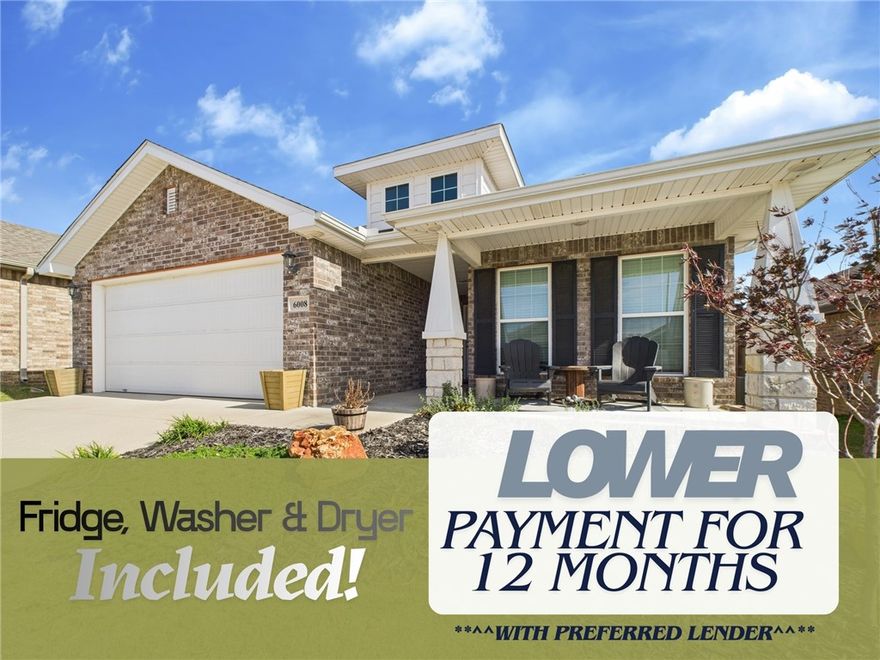 Beautiful single-story home in the sought-after Woodward Hills subdivision of Bentonville, Arkansas! This Craftsman-style residence at 6008 NW Meade St offers 1,761 square feet of living space with 3 bedrooms and 2 full baths. Built in 2020, you’ll appreciate 10-foot ceilings throughout the entry, kitchen, living area and master suite — giving it an open airy feel.  The floor plan includes a welcoming foyer that provides privacy from the main living space, a well-appointed master bath with his-and-hers vanities and garden tub, and a large covered back patio perfect for outdoor entertaining.  Located on a compact lot (approximately 0.13 acre) in a desirable 72713 zip code, this home blends convenience and comfort — close to amenities, shopping, and the airport. For an added bonus the refrigerator, washer and dryer are included making your move-in even easier.  Don’t miss the chance to make this modern, thoughtfully designed house your home!