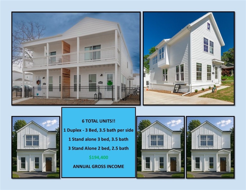 Brand-new investment property located in a designated Opportunity Zone! This high-quality development features 6 units with leases beginning 8/1/25, generating projected annual gross income of $194,400. Property includes 1 duplex (3 bed, 3.5 bath per side), 1 standalone 3 bed, 3.5 bath home, and 3 standalone 2 bed, 2.5 bath homes. Each unit includes a refrigerator, washer, and dryer, along with high-end finishes like durable LVP flooring, quartz countertops, stainless steel appliances, and custom floor-to-ceiling cabinetry. Enjoy open layouts with large kitchen islands overlooking the dining and living areas, gas ranges, and modern design throughout. A turnkey income-producing asset in a high-growth area—don’t miss this exceptional opportunity! Pictures are of similar floorplans.