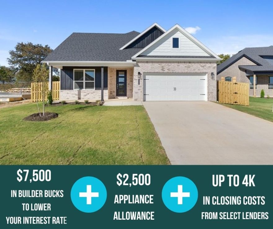 Step into the Stork Plan where LVP flooring runs through the living area, kitchen, and hallways, and the kitchen is a stand out feature of the home. Offering generous counter space, ample cabinetry, and a large walk-in pantry with built-in shelving. Stainless steel appliances bring a modern touch to the kitchen. A composite granite sink combines style with durability. The Stork Plan offers 4 spacious bedrooms, 2.5 bathrooms.  The open-concept layout creates a seamless flow between the kitchen, living, and dining areas, making it perfect for everyday living and entertaining. The primary suite includes a private bath and walk-in closet for added comfort.  Enjoy outdoor living with a ceiling fan and TV hookup on the back patio. For a limited time, Lower your interest rate with $7,500 from the builder + $2,500 appliance allowance + up to 4k in closing costs from select lenders. For a total of up to 14K with lender incentives. Fence, blinds, and gutters are all included!