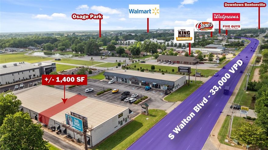 +/- 1,413 SF retail space ideally located just off S Walton Blvd in Bentonville. Currently operating as a salon, the space includes a spacious showroom floor, a private manager's office, and a public ADA Compliant restroom, making it well-suited for a variety of retail or service-based businesses. The large storefront windows allow for abundant natural light, enhancing visibility and curb appeal. Positioned along S Walton Blvd, which see approx. 33,000 VPD, the property benefits from high traffic and excellent exposure. It is conveniently located less than one mile from 14th St and SE Walton Blvd/I St intersection, approx. 1.6 miles from the Walmart Supercenter, and just 1.7 miles from Walmart's new World HQ - making it a strategic location for attracting both local and commuter traffic.