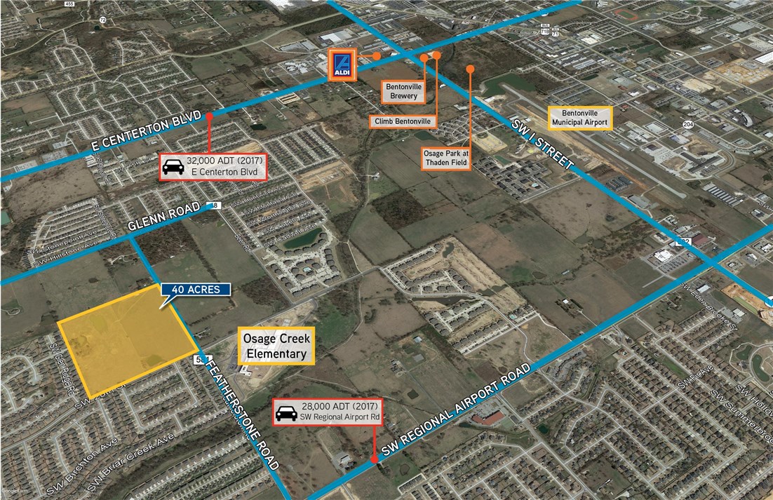 40 acres of residential-use land available for sale in Benton County, AR. Located adjacent to brand-new Osage Creek Elementary School and positioned between two major thoroughfare streets, SW REgional Airport Blvd and E Centerton Blvd. 
Seller will consider offering 40 acres adjacent to property on Greenhouse & Glen Road as well.