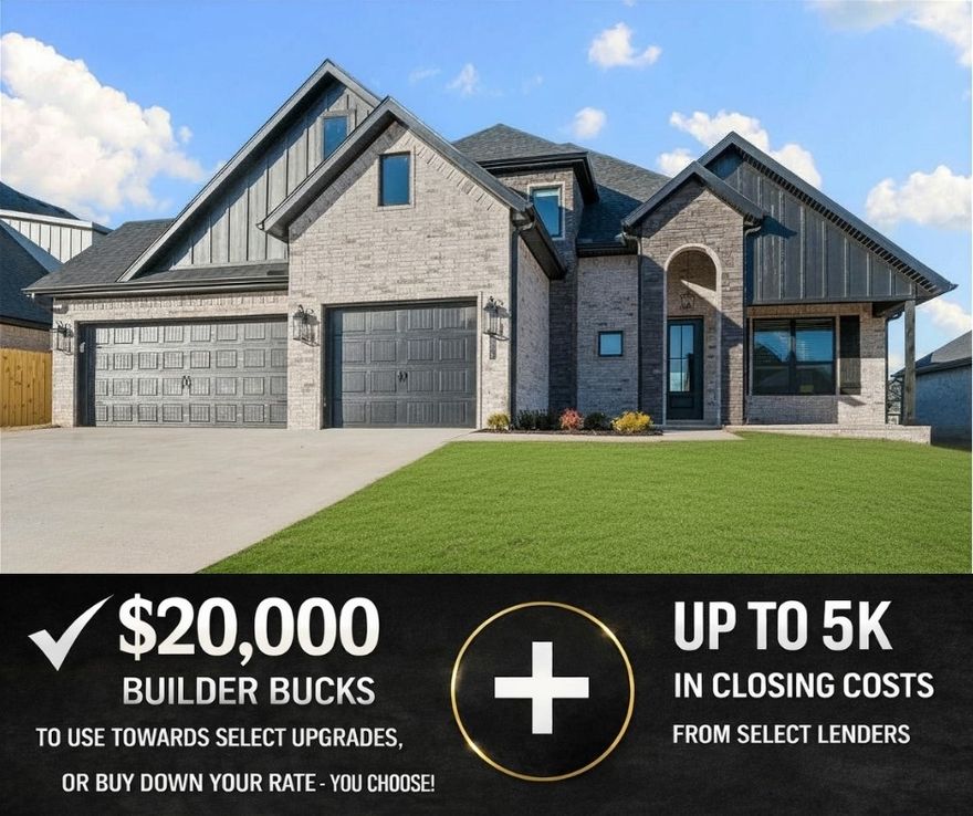Discover Hillcrest—where scenic surroundings meet unbeatable convenience, with quick access to I-49, Northwest Arkansas National Airport, and the region’s largest employers. This stunning Eagle floor plan offers 2,835 sq ft of thoughtfully designed living space, featuring a bonus room, and a 3-car garage across two stories. Enjoy elevated finishes throughout, including an insulated garage door and walls for added efficiency, floor-to-ceiling tile in the bathrooms for a sleek, modern feel, and framed mirrors with cabinets above the toilets for both style and functionality—creating the perfect blend of comfort, quality, and location.Open houses every Sunday from 1--4 PM. For a limited time, Builder Incentives: $20,000 Builder Bucks to use towards select upgrades, appliances, or buy down your rate -- you choose! Plus up to 5K from select lenders. For a total of up to 25K with lender incentives! Fence, blinds, and gutters are all included.